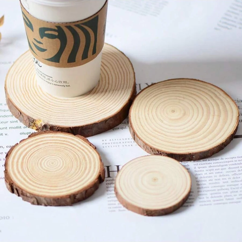 Unfinished round wooden coasters, round natural wood chips with bark, and hand-painted annual ring logs made of diy materials