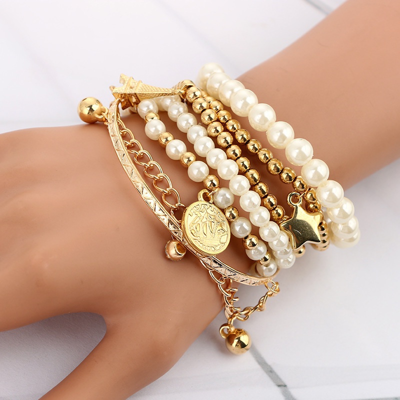 New 6PCS New Fashion Imitation Pearl Retro Bracelet Coin Six-piece Jewelry Multi-layer Elastic Bracelet Fashion Ladies Bracelet