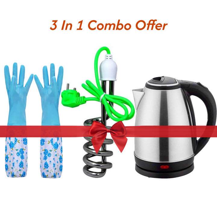 3-in-1 Combo: 2000W Copper Electric Water Heating Rod, 1.8L Stainless Steel Electric Kettle, & Waterproof Fur-Lined Cleaning Gloves