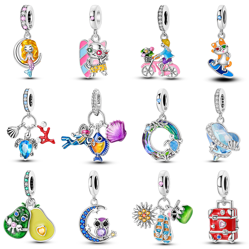 925 Silver Color Cute Vacation Cat Red Suitcase Moon Owl Charms Beads Fit Qikaola 925 Original Bracelets DIY Anniversary Jewelry