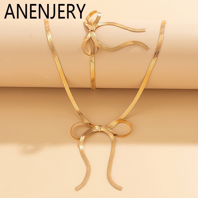 ANENJERY 316L Stainless Steel Long Bowknot Tassels Necklace Bracelet Earring for Women Choker Snake Chains Simple Jewelry Set