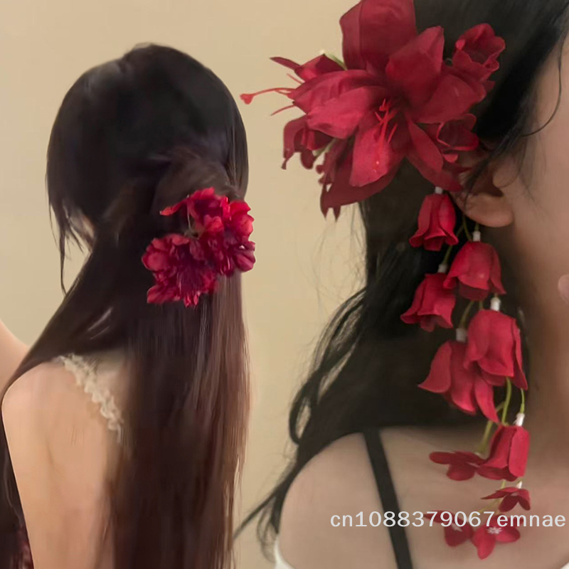 [S]Red Lily Of The Valley Lily Tassels Hairpins Flower Petal Duckbill Hairgrip Simulation Flower Girls Women Headdress Accessory