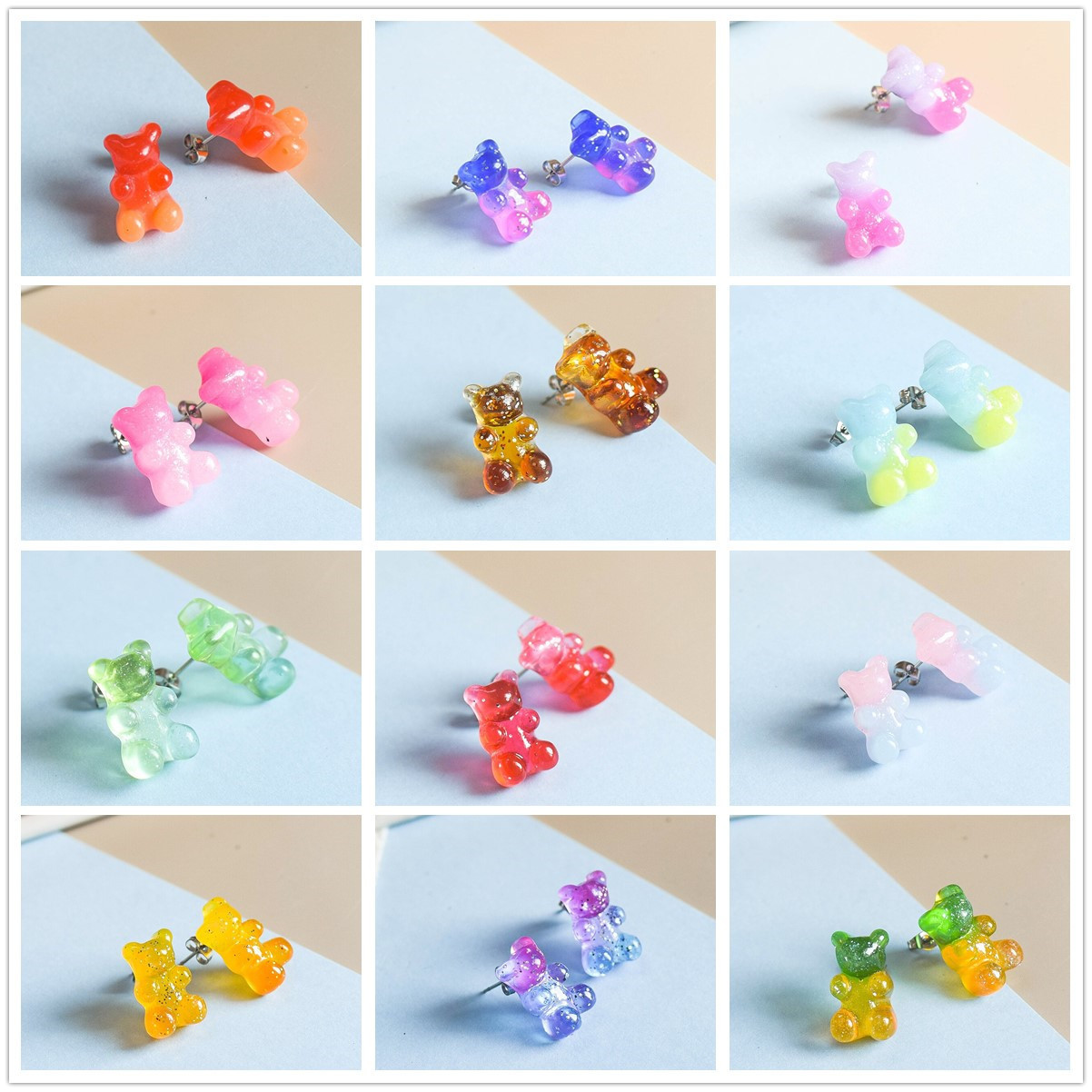 2023 New Resin Candy Color Stud Earrings Multicolor Gradient Sequin Bear Stud Earrings Fashion Mini Animal Earrings for Women