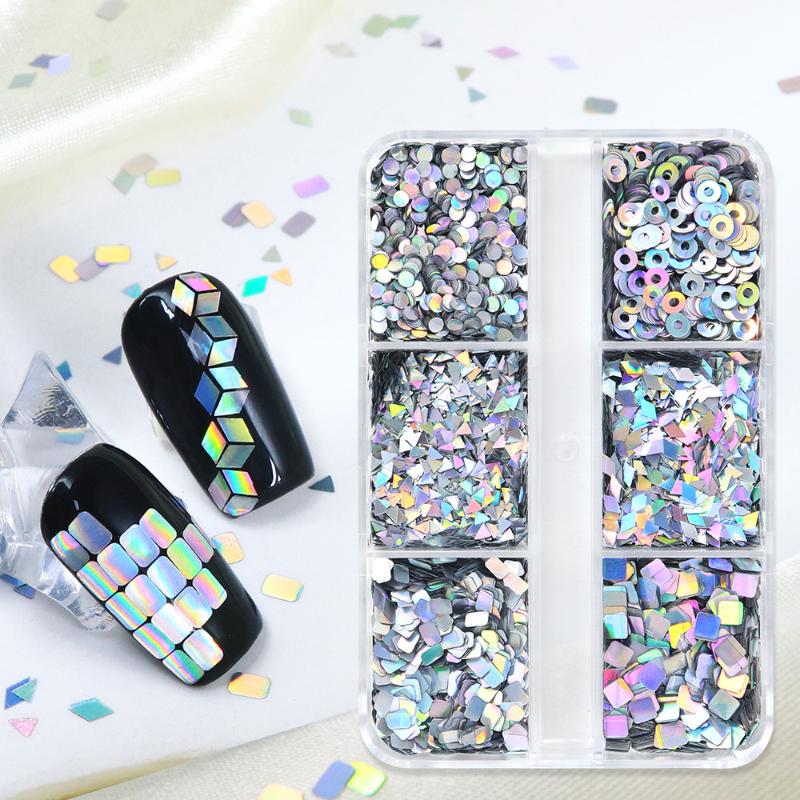 6 Grids Laser Glitter Flash Nail Charm - Geometric Pattern Nail Decoration DIY Manicure Enhancement Tool For Creative Nail Art