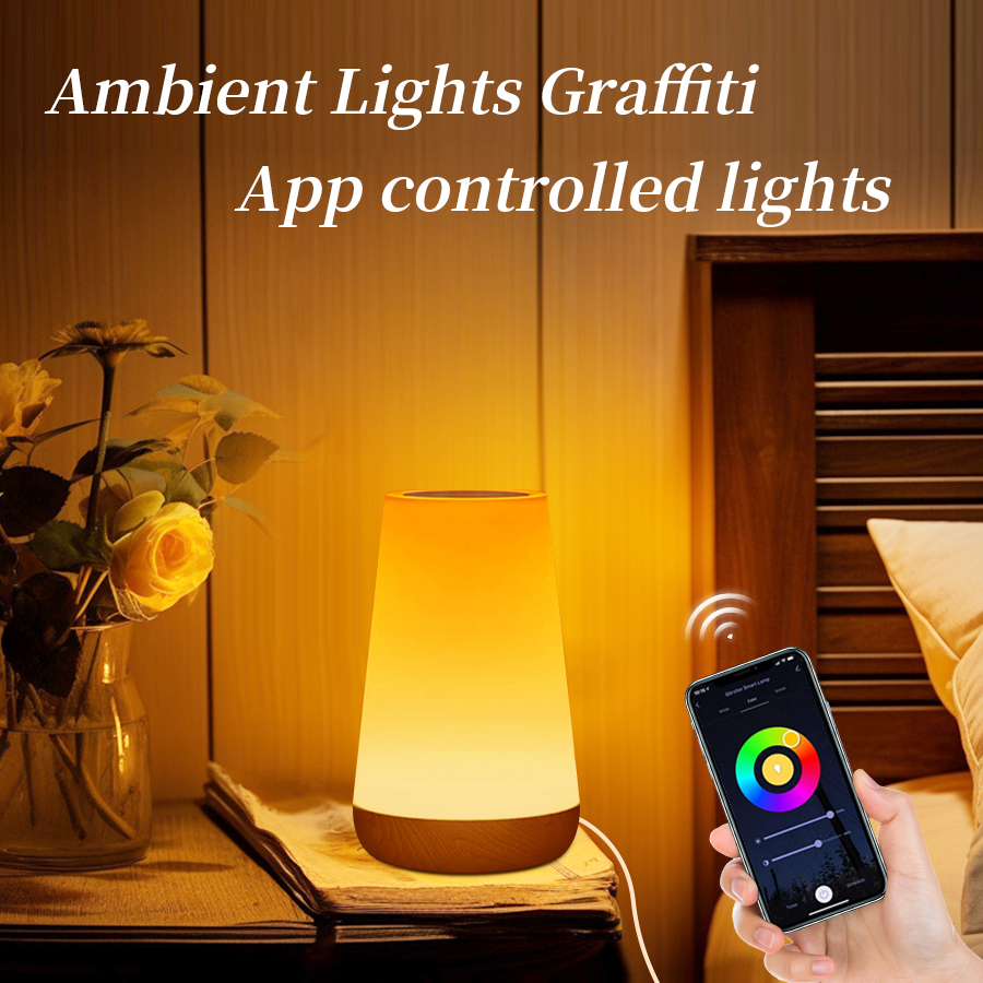 EU/US Plug Tuya WiFi Wood Grain Touch Night Light Alexa Home Voice Control Dimmable Multi-color for Bedroom Decoration
