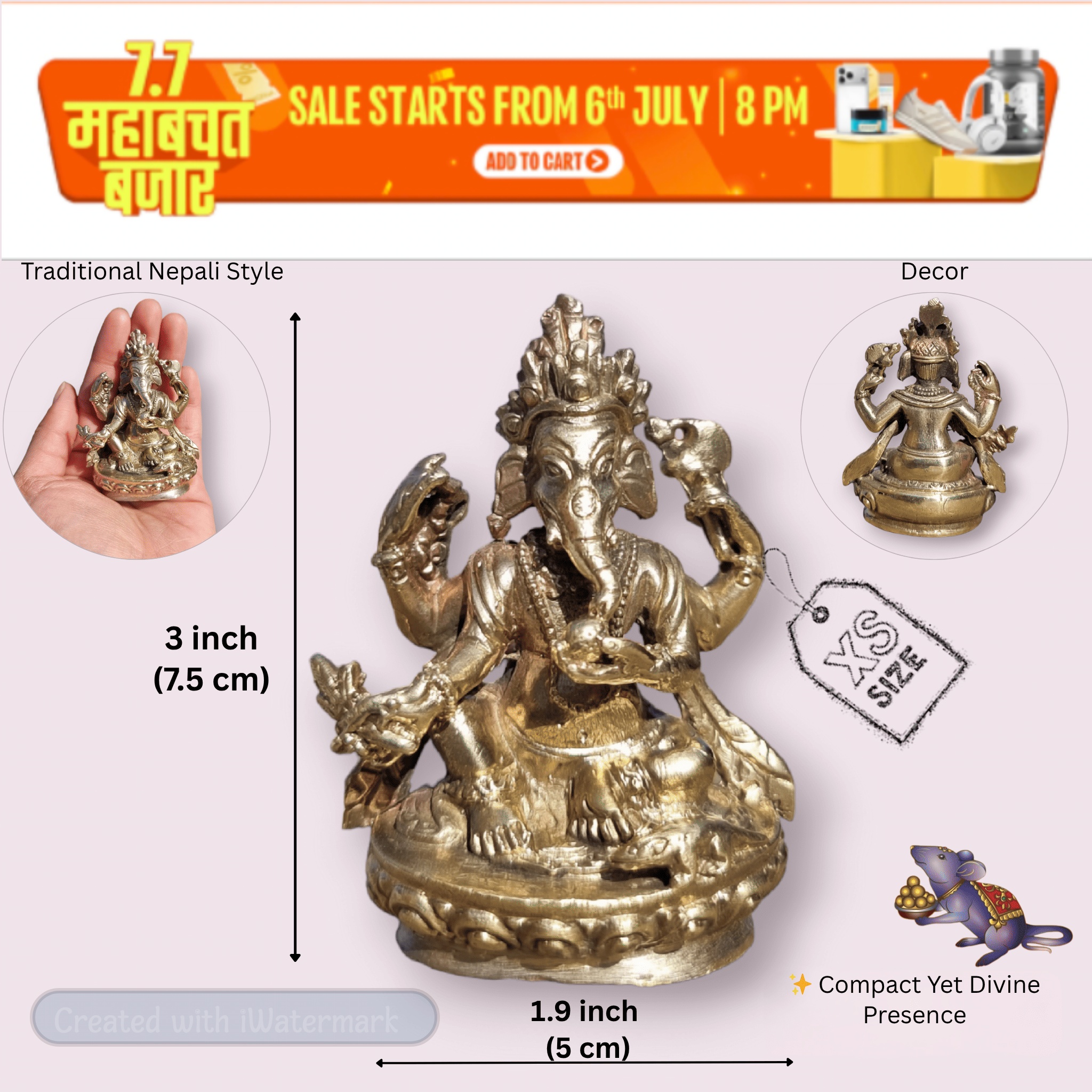Brass Nepali/Original/Handmade - Ganesh K Small - 3inch 7.5cm