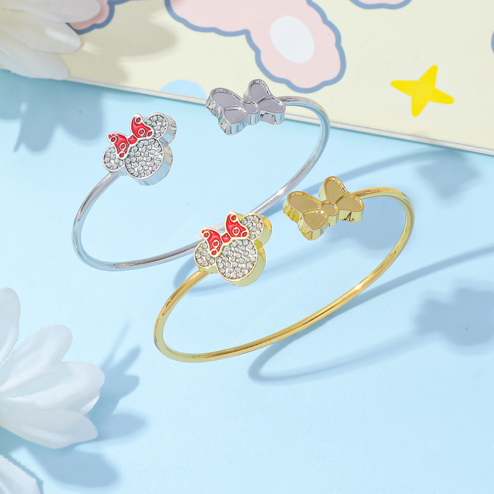 Mickey & Minnie Mouse Silver Plated Bangle Bracelet for Women, Cute Cartoon Charm Cuff Jewelry, Fashion Adjustable Gift for Girl