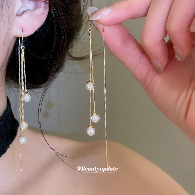 Silver Needle Pearl Drop Dangle Threading Simple Fashionable Personalized Temperament Niche Tassel Earrings Women Jewelry