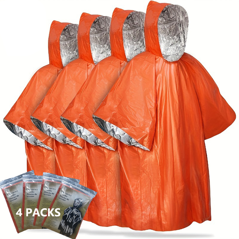 Emergency Rain Poncho with Hood - 4 Pack, PE, Water-Resistant & Thermal Mylar Lined, Survival Blankets for Camping Gear