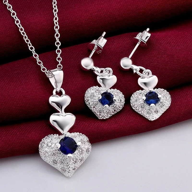 Cute Pure 925 Sterling Silver Wedding Jewelry Romantic Blue Zircon Crystal Heart Pendant Necklace Earrings Fashion Set