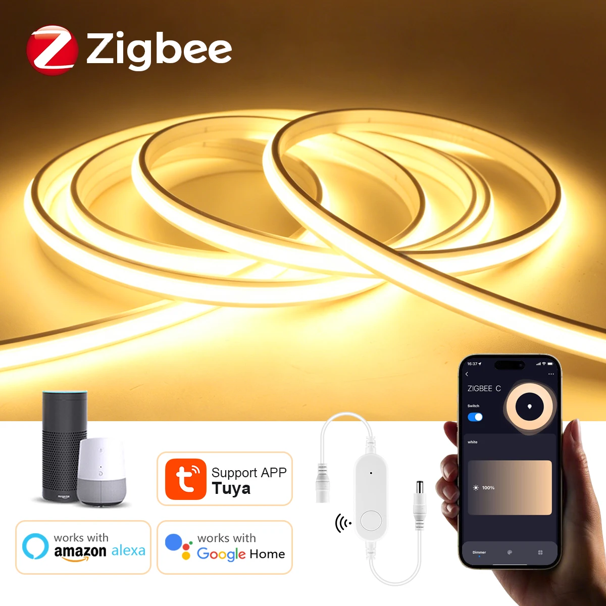 Tuya Zigbee Smart Neon LED Strip Light DC 24V Flexible Silicone Tape Works with Zigbee Hub Gateway Alexa Home APP Voice