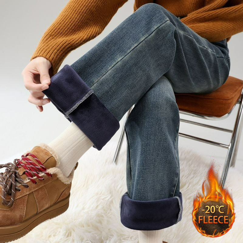 Women Baggy Pants Winter Fashion Korean Edition New Style Versatile High Waist Straight Leg Thicken Fleece Wide Leg Soft Jeans