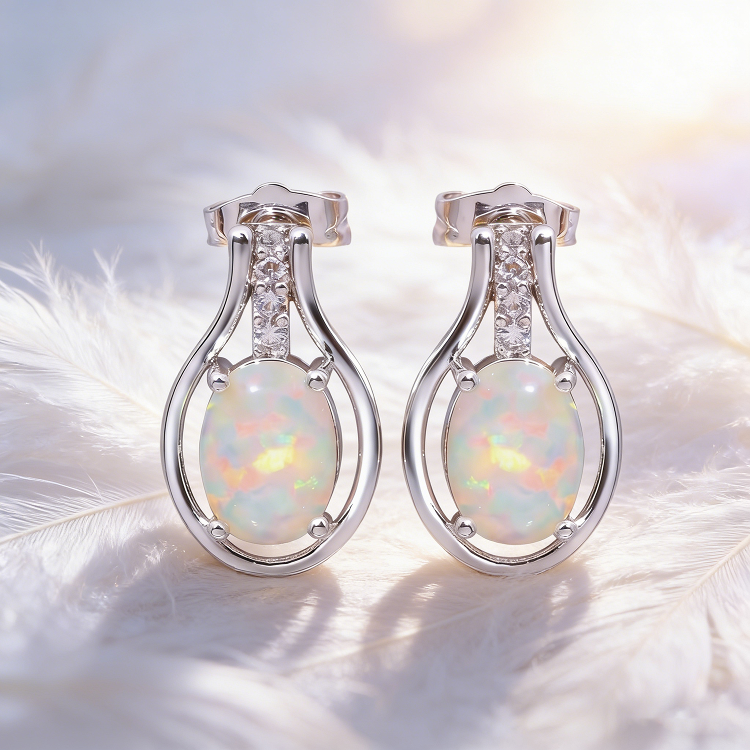 Hypoallergenic White Fire Oval Opal Earrings Gift,Anniversary Birthday,Elegant Cubic Zircon Accent Luxury Jewelry Gift for Women