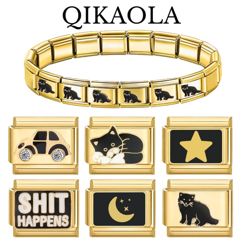 1pc Golden Star Moon Lazy Black Cat Italian Charms Fit Removable 9mm Stainless Steel Bracelet Diy Jewelry Making