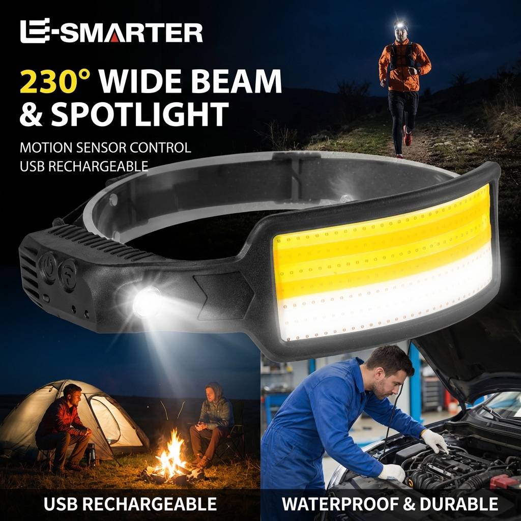 Motion Sensor Headlamp COB LED Head Lamp with Built-in Battery Flashlight USB Rechargeable Head Lamp Portable Head Light