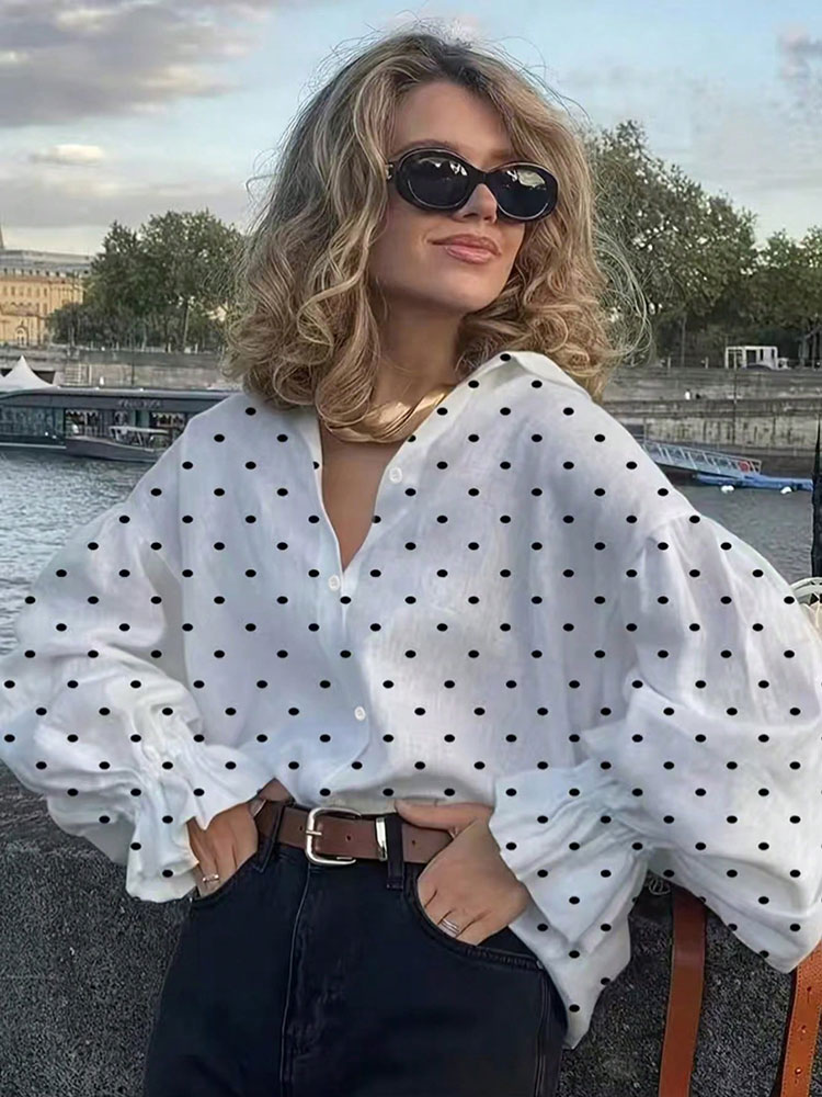 New Retro Black Polka Dot Flounce Cuff Oversized Women Shirts Elegant Blouse Spring Autumn Korean Popular Top Female Clothing