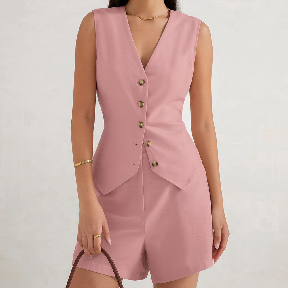 Women Summer Elegant Solid Waistcoat Shorts Set Sleeveless Vest Top+High Waist Slim Shorts Office Lady Casual 2 Pieces Set 2026