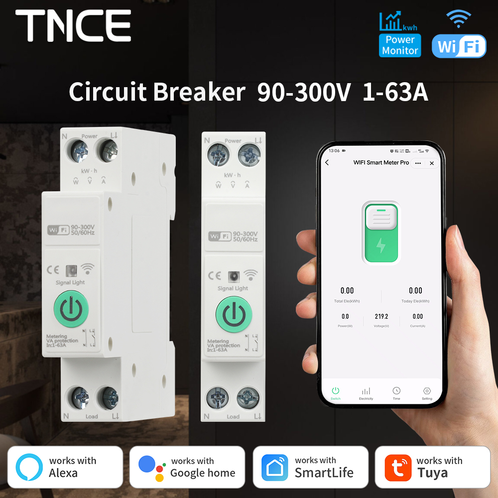 TNCE Tuya MCB Smart Circuit Breaker, WiFi zigbee Over Current Under Voltage Protection Power Meter 63A, Voice with Alexa