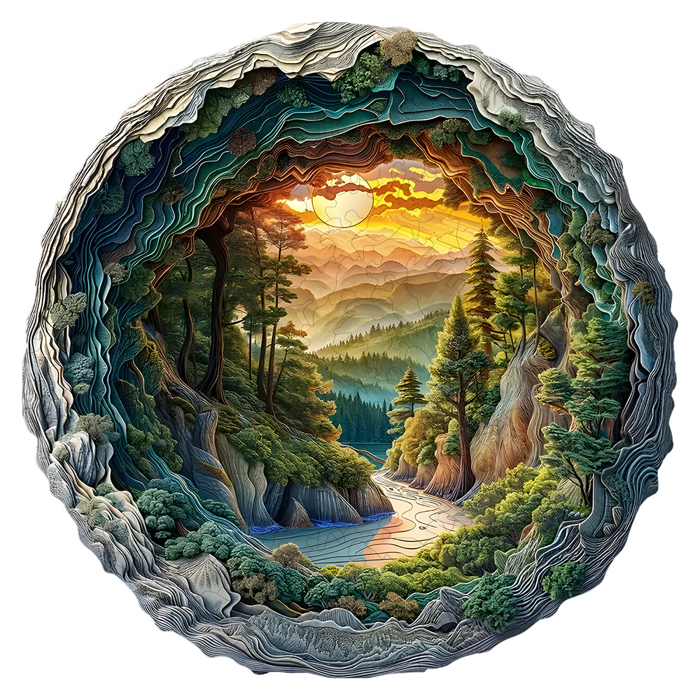 Wooden Puzzles for Adults, Flat Puzzle with 3D Visual Effect, Winter Scene Wooden Jigsaw Puzzles for Adults, Forest River Sunset
