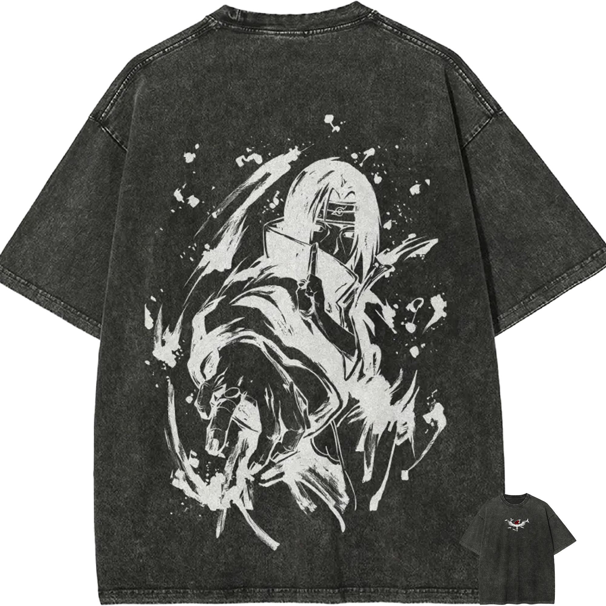 Naruto Itachi Uchiha T Shirt Ink Splash Style Vintage Acid Wash Streetwear Oversized Retro Anime Graphic Men Tees Clothing