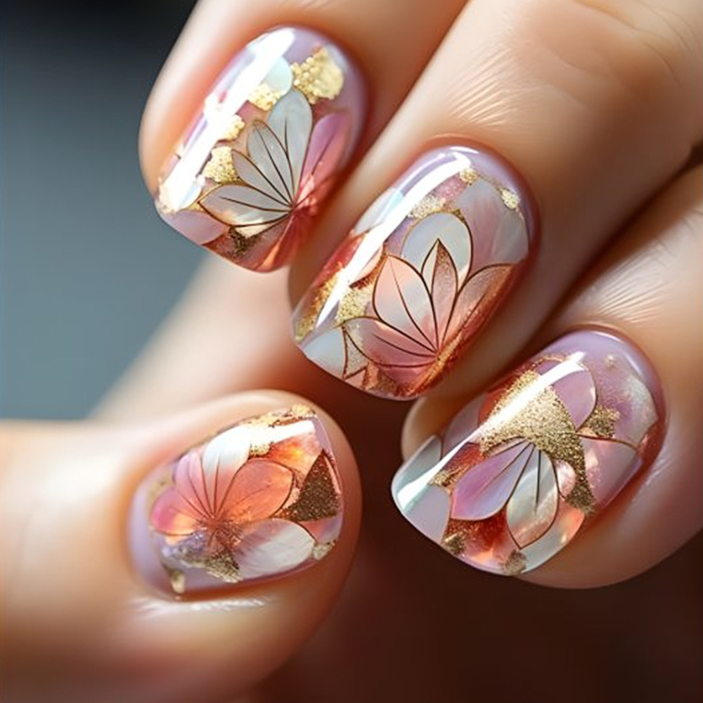24Pcs Fashion Glitter Fake Nails with Colorful Flower Design Short Round/square Head False Nails Cute Finished Press on Nails