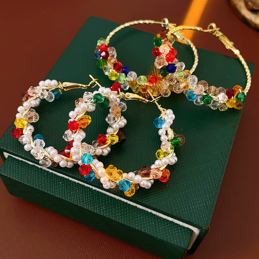 Round Glass Pearl Earrings for Women Dopamine Sweet Hoop Earrings Light Luxury High-end Fashion Exaggerated Jewelry