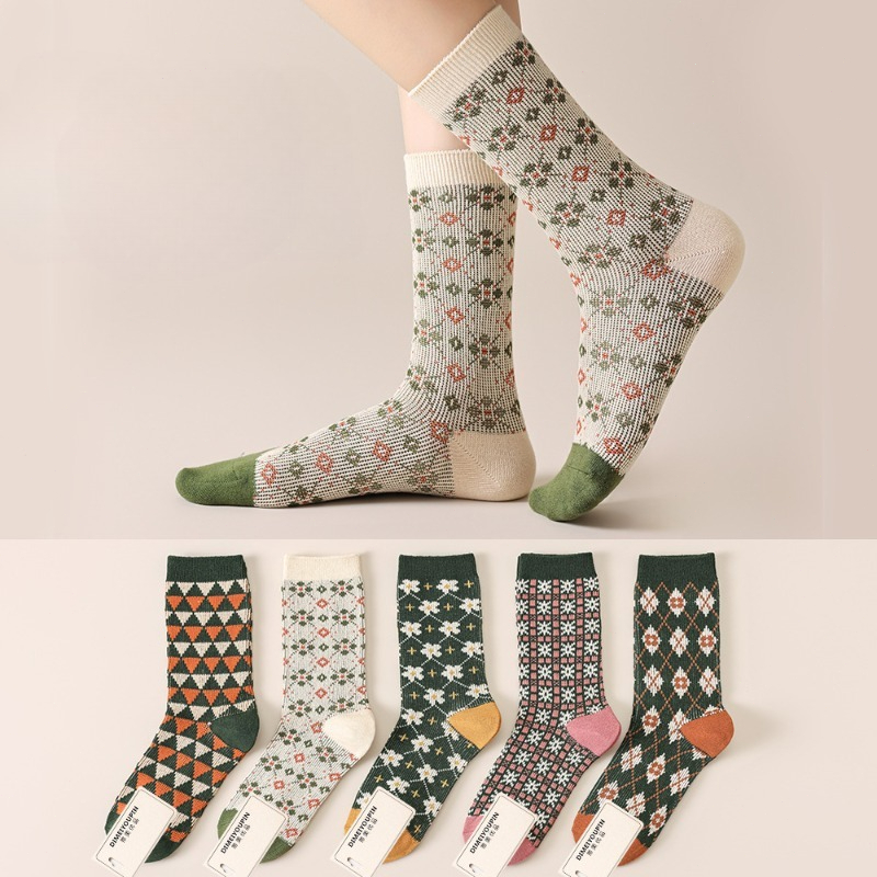 1/5 pairs of autumn winter double needle dual path new mid tube socks retro ethnic style breathable cotton socks