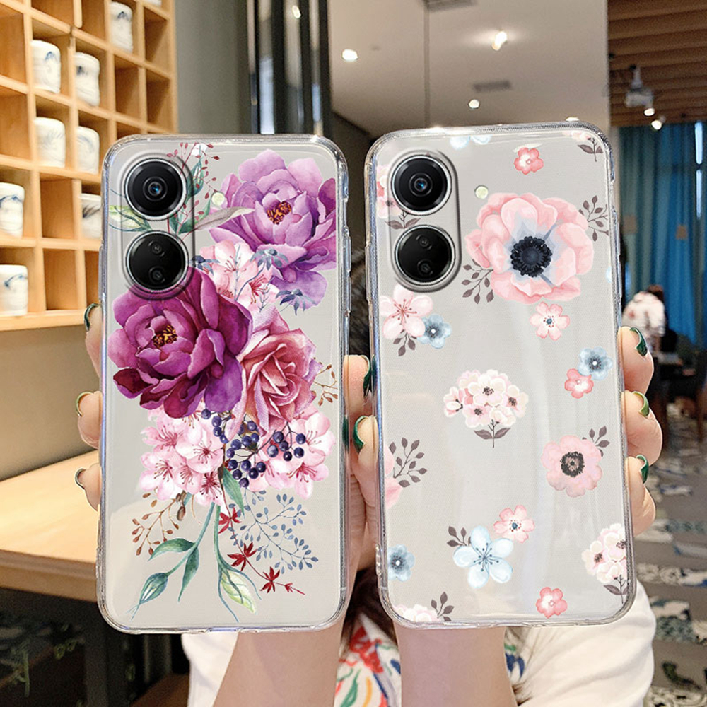 Pink Rose Flower Transparent Phone Case For Redmi 13C 13 10C 12C 12 10 9 9A 9C 9T Clear Shockproof Silicone Couple Cover