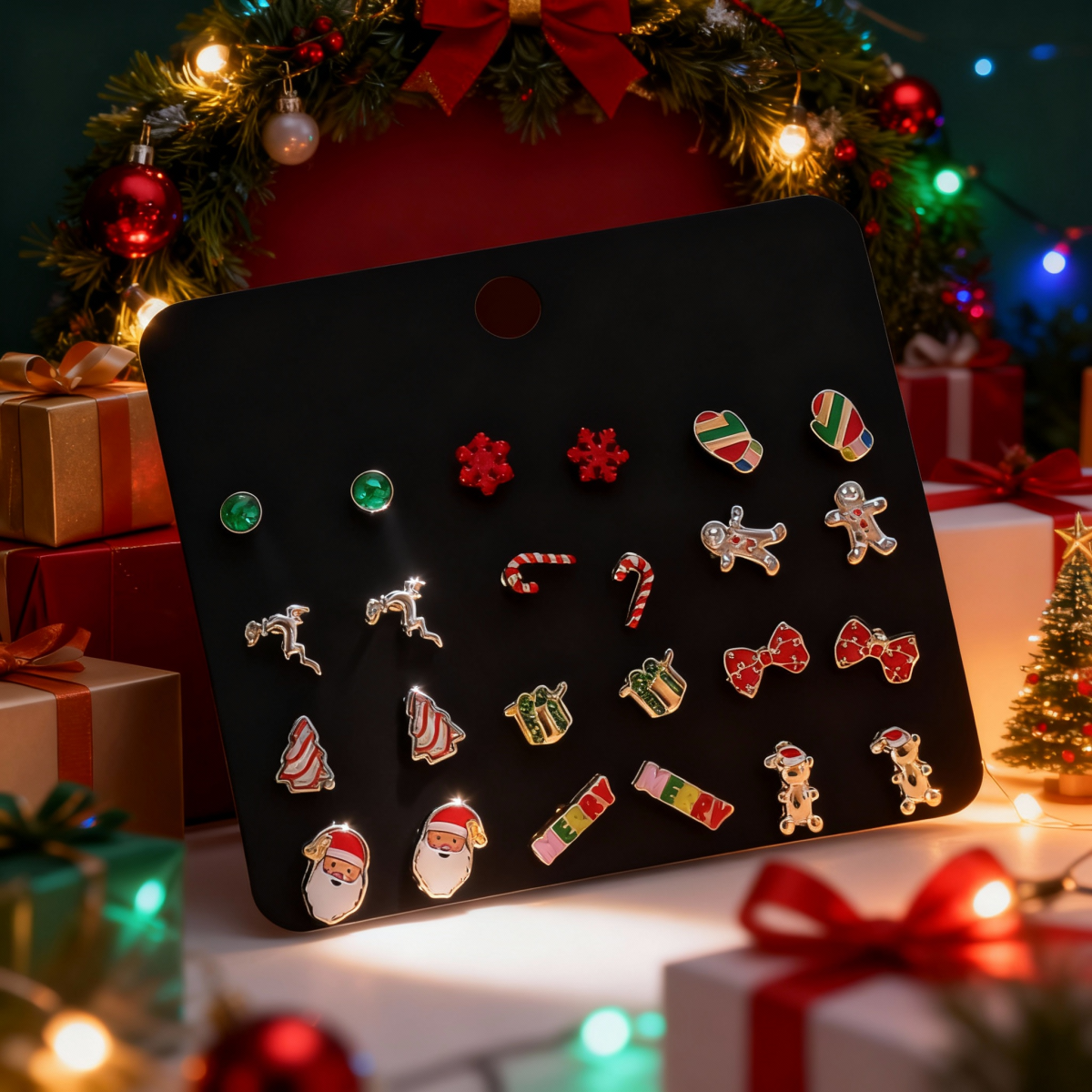 12Pairs/Set Holiday Earrings Santa Claus Box Snowflake Tree Deer Gingerbread Cane Bow Stud Earring For Women Men