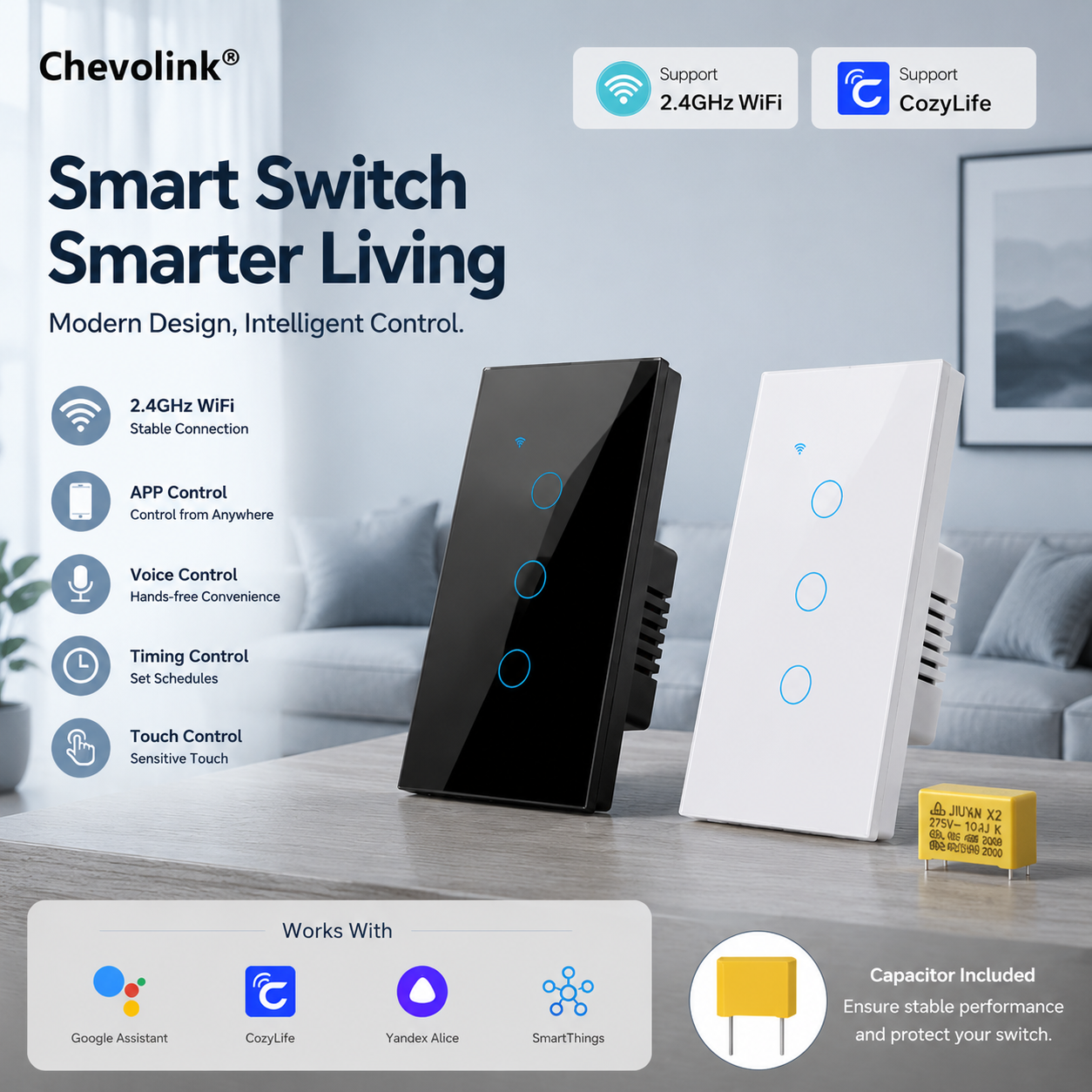 Cozylife EU WiFi Smart Switch No Neutral Wire Needed Voice Control Works with Alexa Home