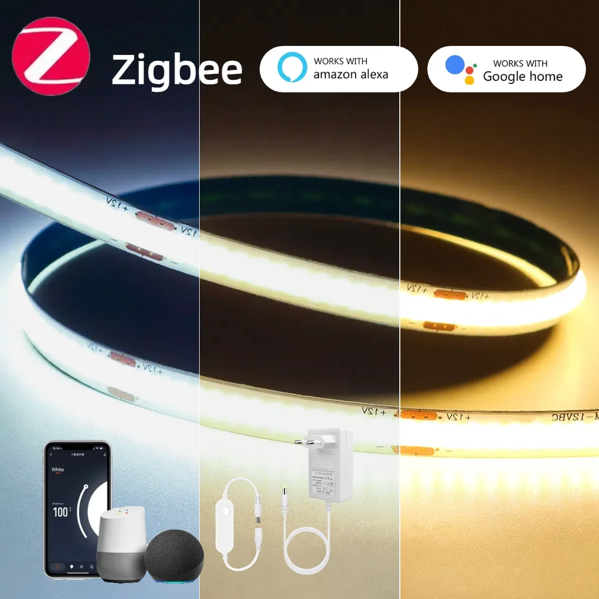 Smart Zigbee COB Neon LED Strip Kit 1-6PCS Silicone Tube Waterproof Work with Alexa Home Tuya APP Group Dimming