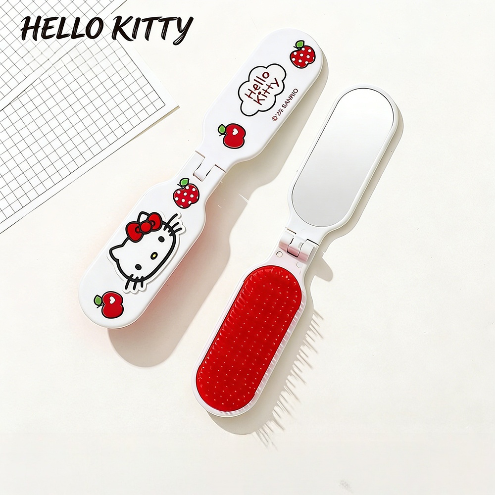 Sanrio Foldable Hair Comb with Mirror Genuine Kawaii Hello Kitty Kuromi My Melody Cinnamoroll Portable Styling Tool for Girls