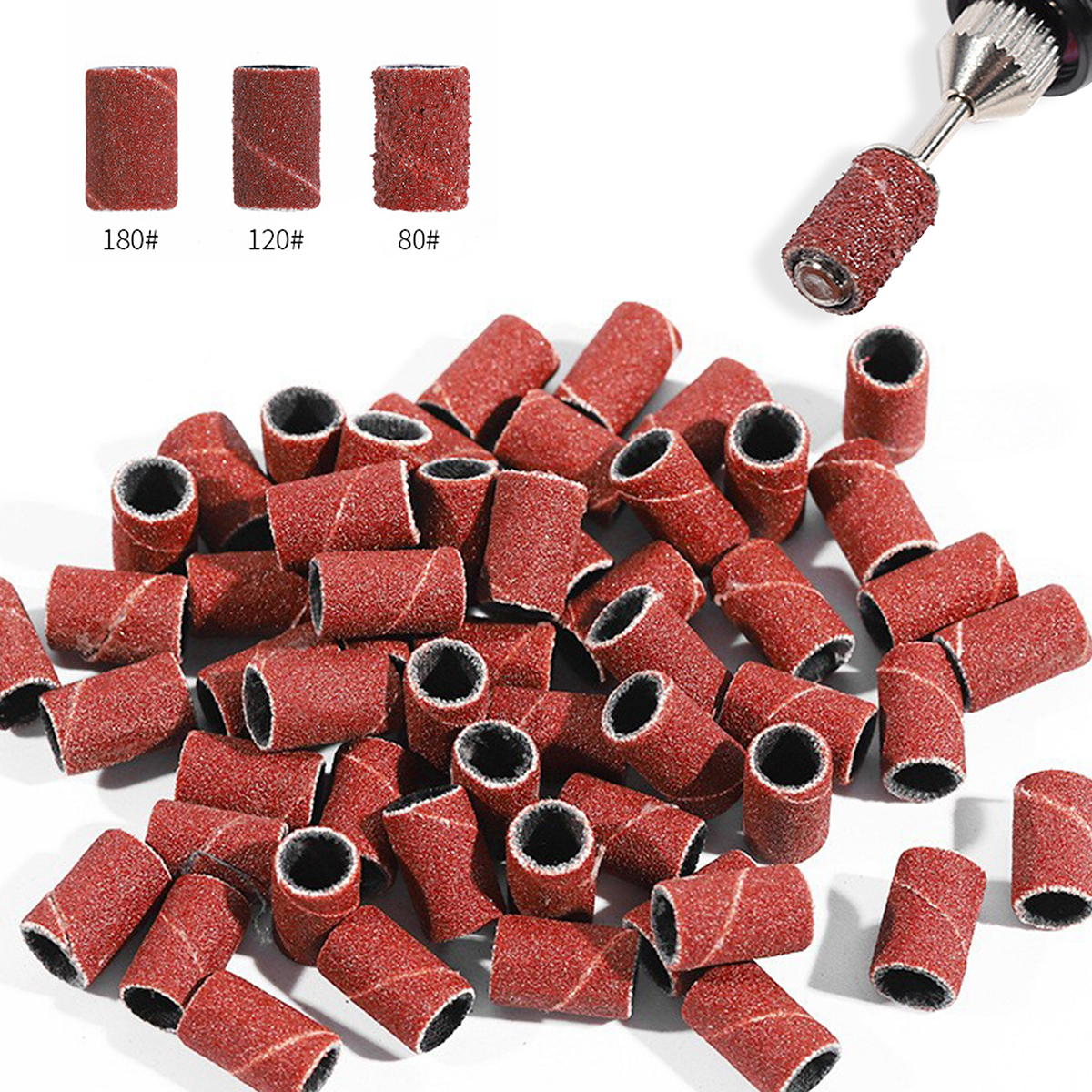 100/50pc Sanding Cap Bands For Electric Manicure Machine 180/120/80 Grit Nail Drill Grinding Bit Files Pedicure Tool