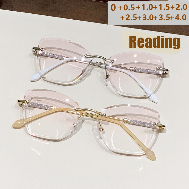 Advanced Stylish Frameless Edged Presbyopia Anti-blue Light Gradient Color Ultra-shiny Pink Reading Glasses 60016