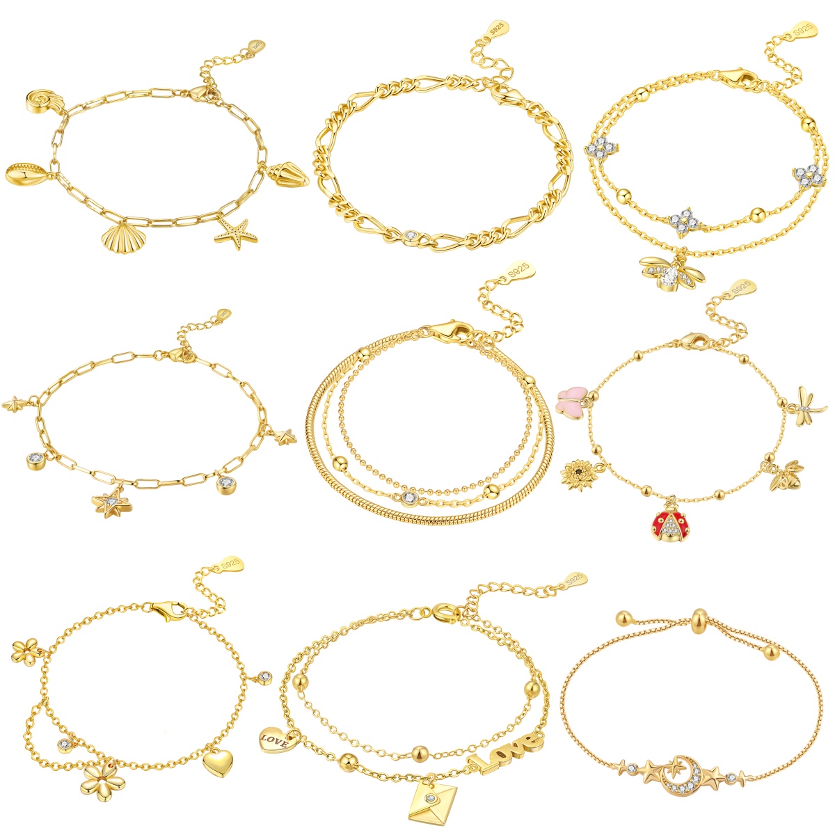 MISEFF S925 Sterling Silver Bracelet Chain 18K Gold Plated Adjustable Original Versatile Star Bracelet Chain Charms Jewelry