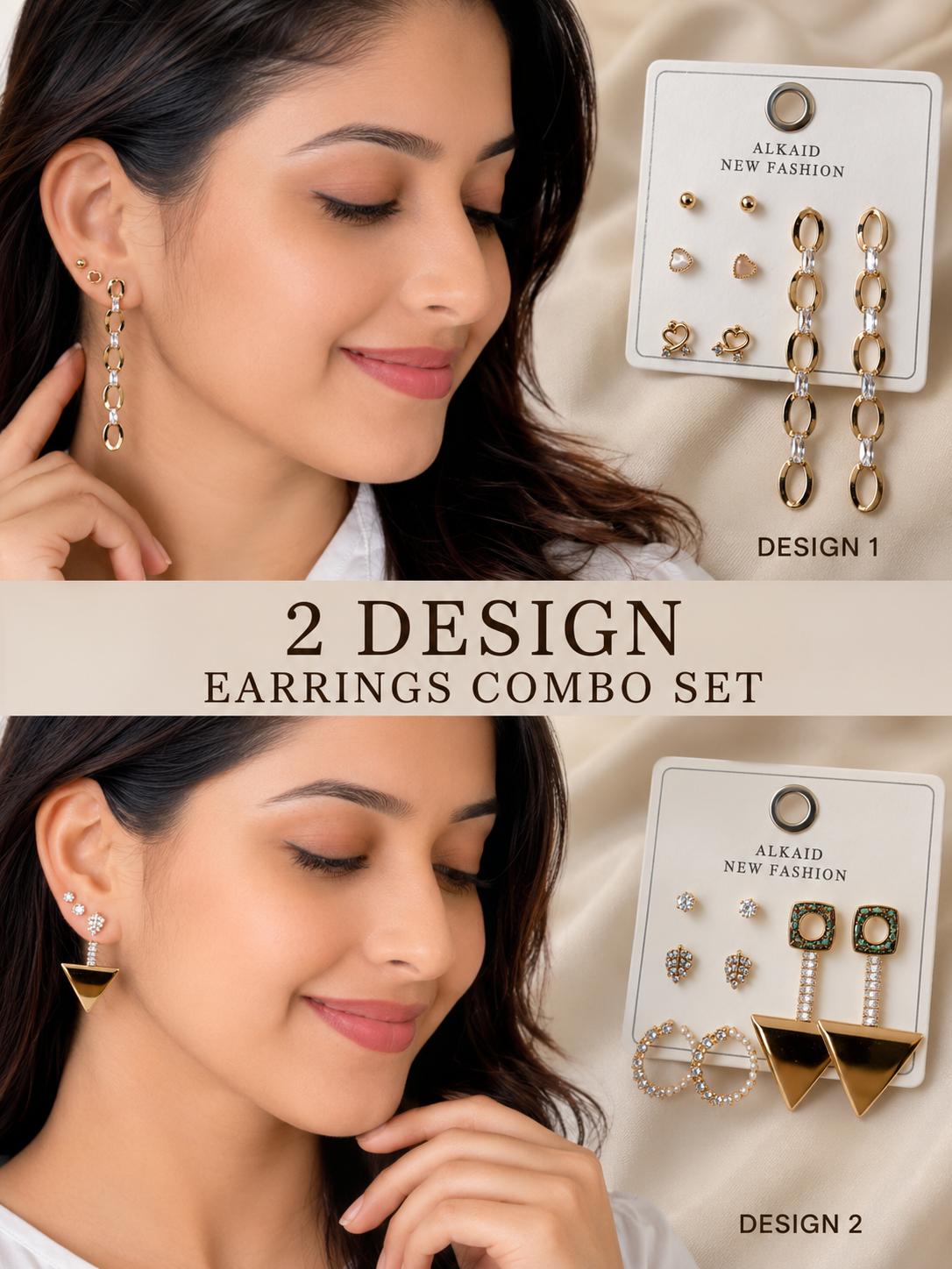 Women's Fashion Earrings Combo Set - 2 Design Gold Plated Stud & Drop Earrings Set