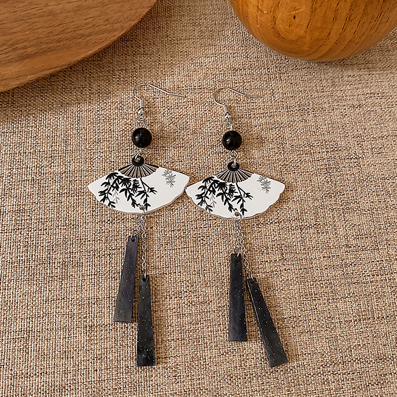 Hot Sale Chinese Ink Fan Butterfly Pendant Earrings For Women Fashion Creative Long Tassel National Earrings Jewelry