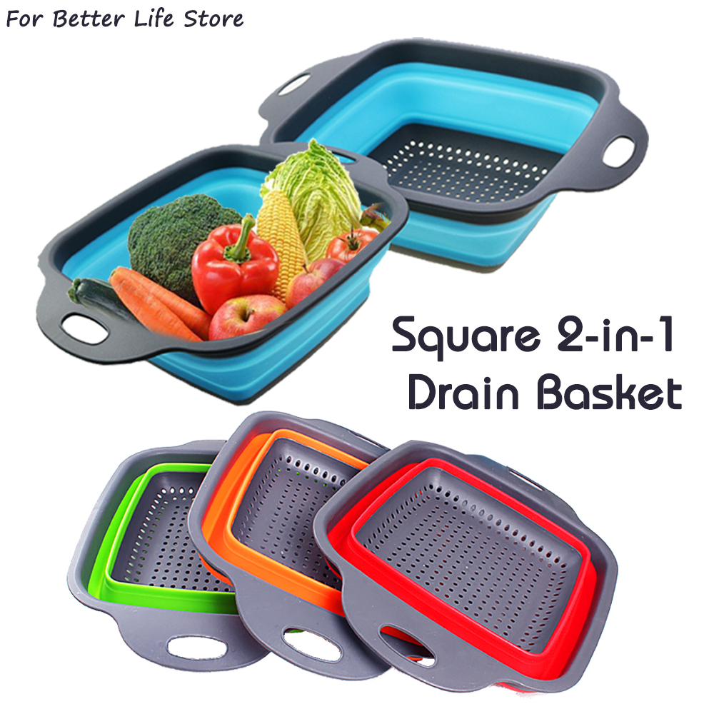 1Pc 2in1 Silicone Folding Drain Fruit Vegetable Washing Basket Foldable Strainer Collapsible Drainer Kitchen Storage Tool Dish