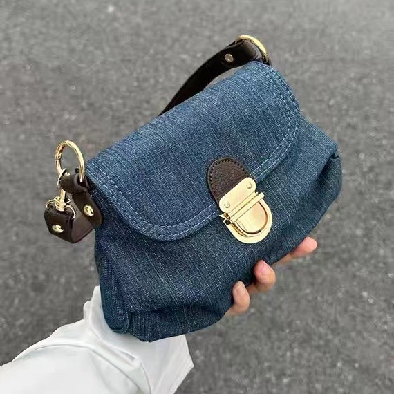 Retro Color Block Shoulder Bag 2025 Trendy Women Crossbody Bag Vintage Distressed Denim Buckle Foldable Handheld Purse