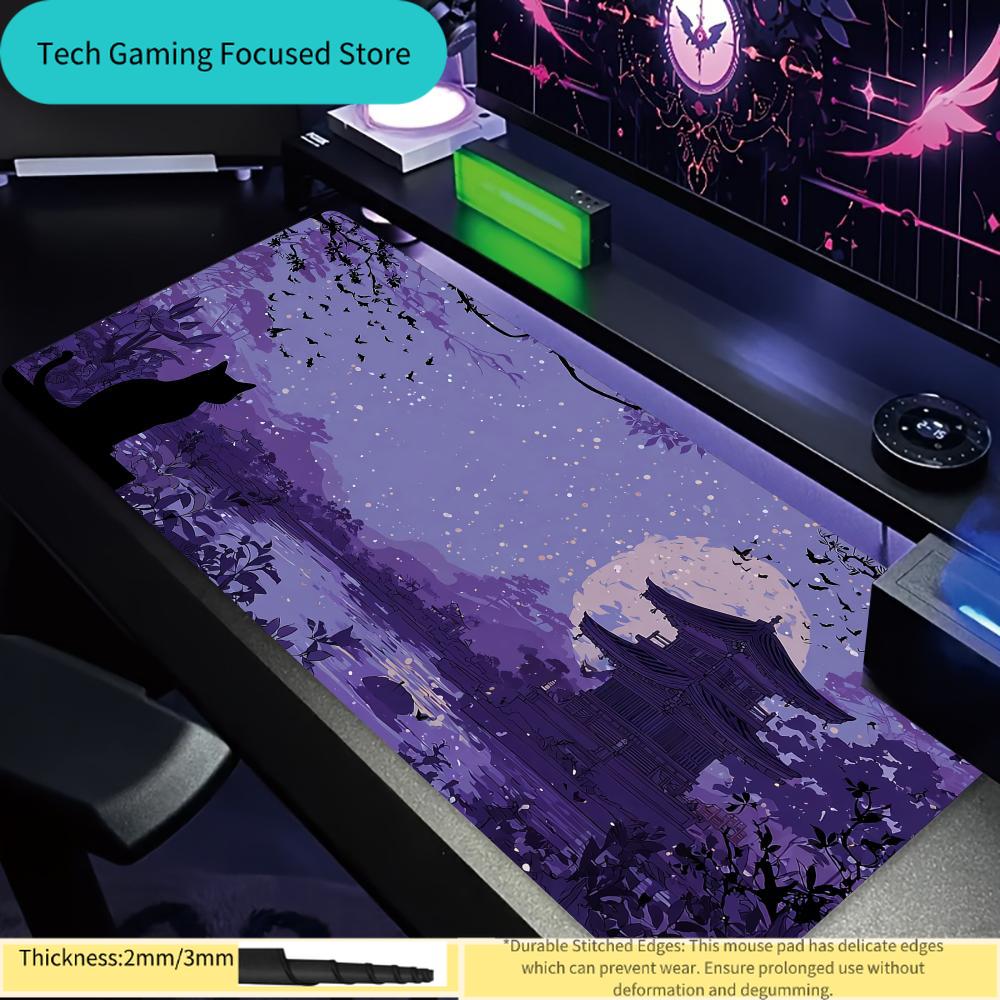 Mystical Purple Night with Black Cat Silhouette & Japanese Pagoda Extended Gaming Mouse Pad, XXL Desk Mat with Stitched Edges, 2