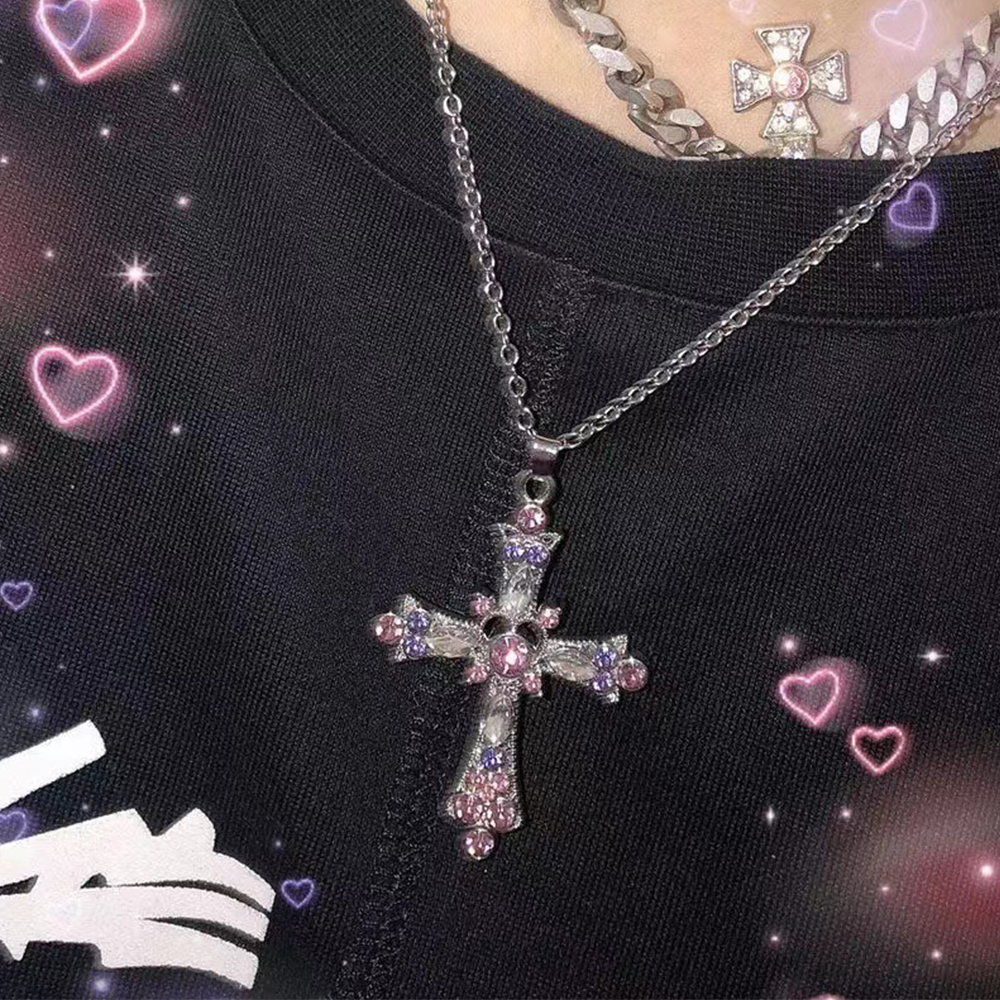 Y2K silver Color Cubic Zircon Cross Necklace for Women Teen Goth Grunge Sweet Cool Clavicle Chain Pendant Necklace Jewelry