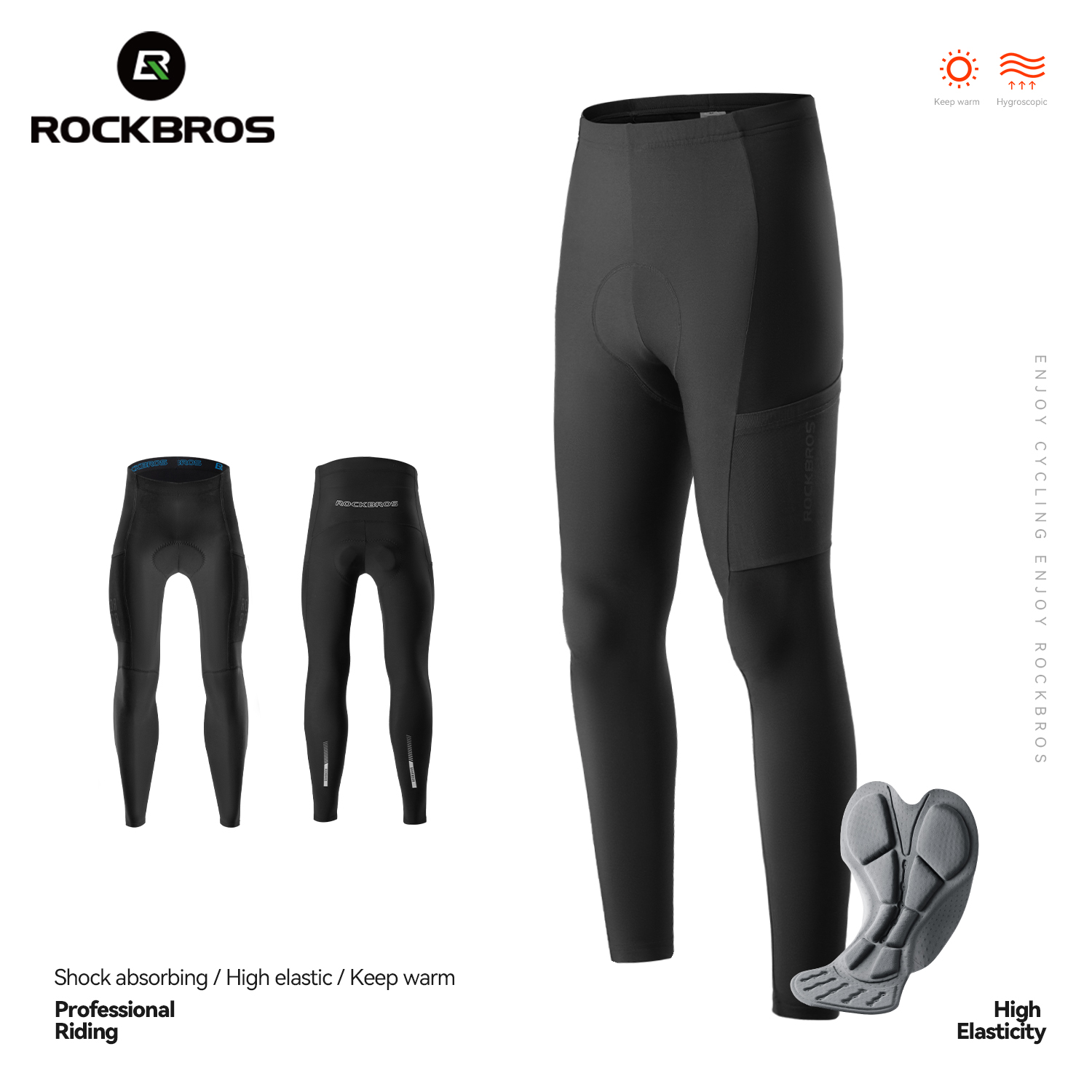 ROCKBROS Spring Autumn Bike Pants Men's Shockproof Sponge Pad Cushion Bicycle Long Tights Trousers Warm MTB Road Cycling Pant
