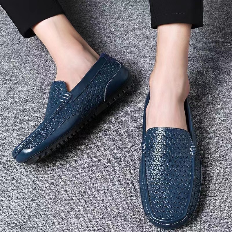 Men's Hollow Leather Shoes Summer Breathable Sandals Genuine Leather Slip-on Loafers Flat Soft Soled Driving Casual Shoes
