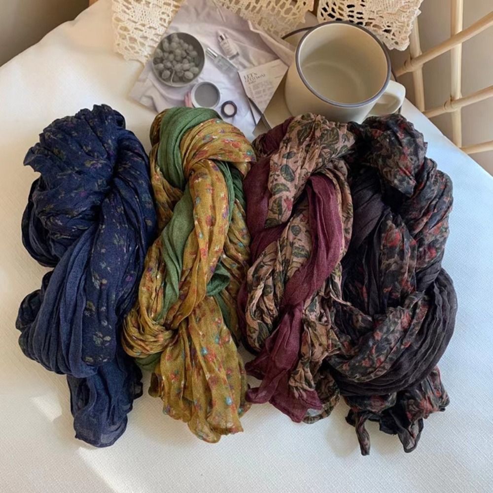 Floral Autumn Winter Cotton Linen Scarf Keep Warm Square Pleated Printed Scarf Luxury Brand Designer Vintage Shawl Wrap
