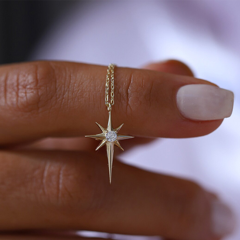 Eight Pointed Sparkling Single Star Simple Minimalist Necklace Jewelry