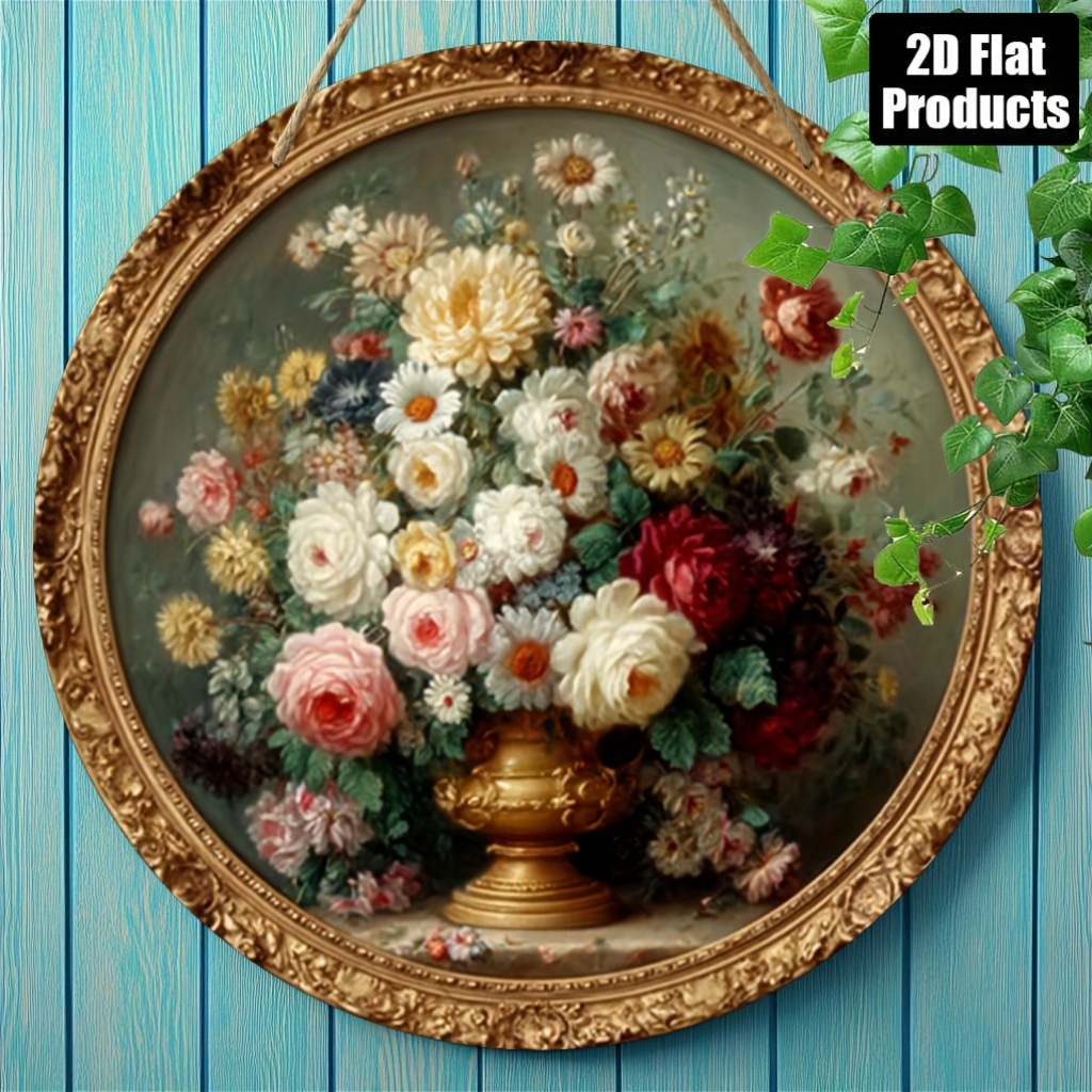 2D Flat, 1pc Vintage Floral Wall Art - 8x8 Inch Round Wooden Sign with Golden Frame, Elegant Floral Design for Home, Office, Caf