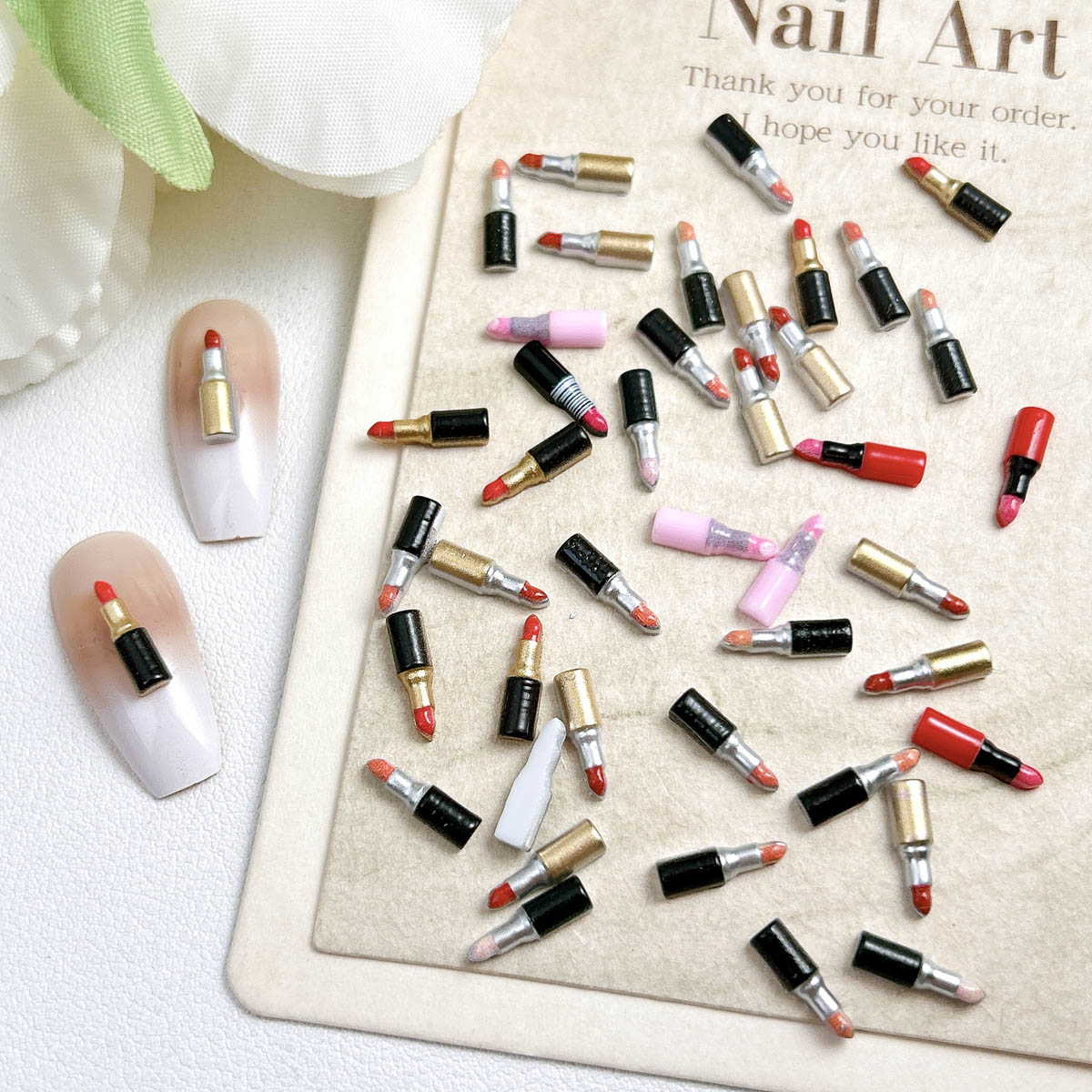 30PCS Multicolors New Resin Lipstick Nail Charms 3D Creative Realistic Flat Bottomed Lipstick Nail Art Decorations DIY Cool Nail