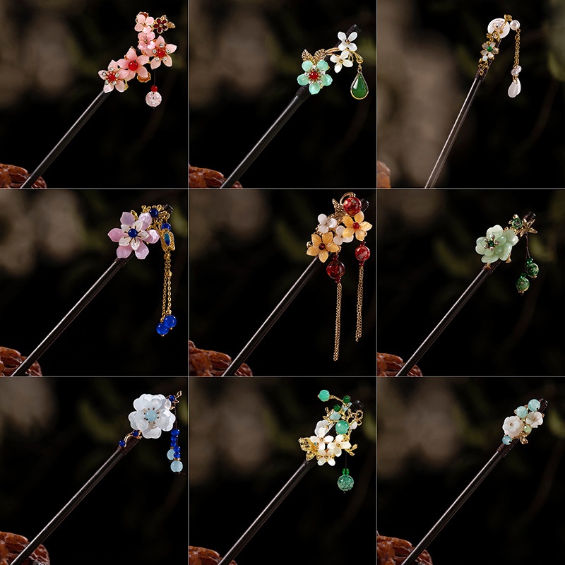 Chinese Wooden Flower Hairpin For Women Elegant Floral Tassel Hair Stick Hanfu Dress Headwear Jewelry Hair Accessories 1pc