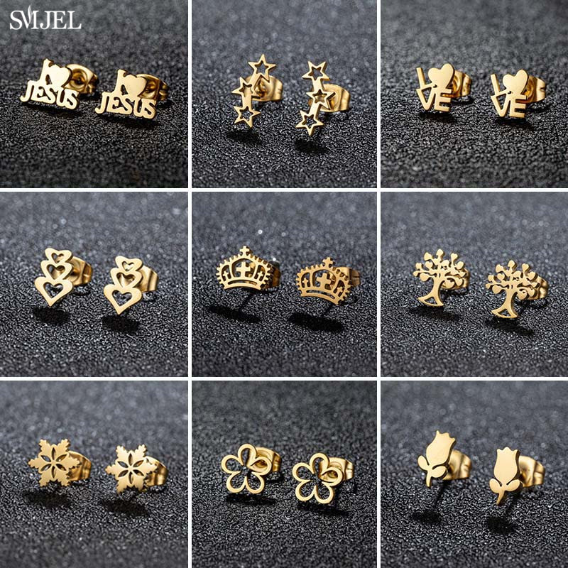 Fashion Stainless Steel Earrings Golden Minimalist Star Heart Crown Flower Earings Cartilage Piercing Studs Jewelry Accessories