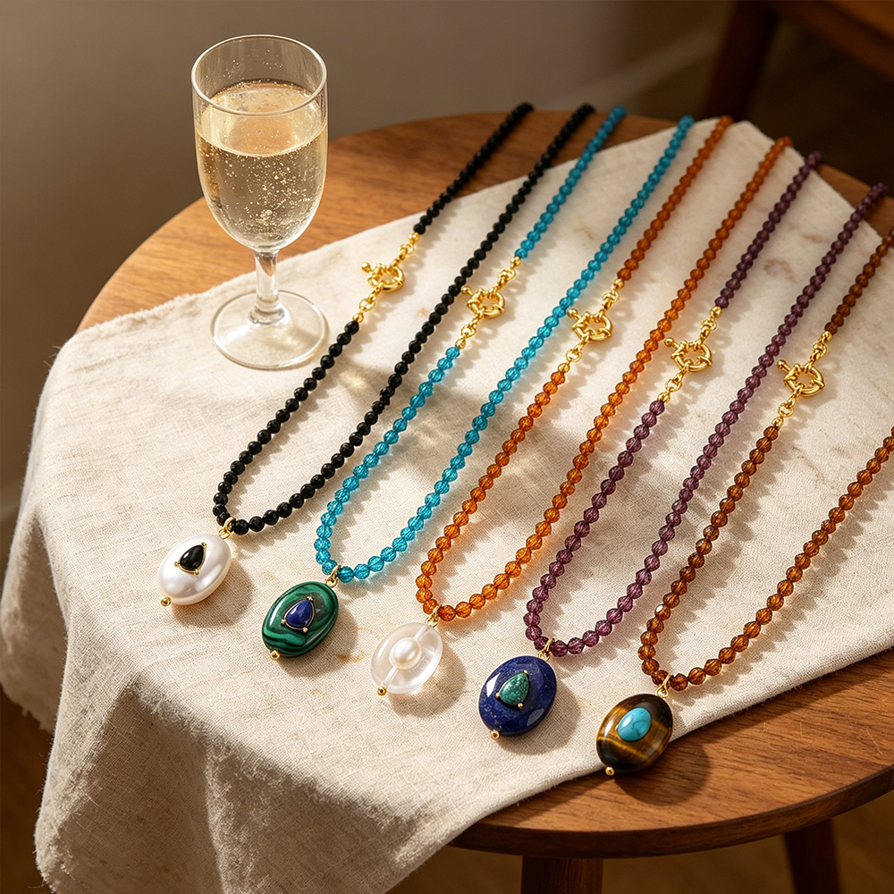 2026 New Handmade Weave Colored Natural Stone Lock Chain Necklace Stainless Steel Transparent Pendant Necklace Summer Jewelry pen gpt